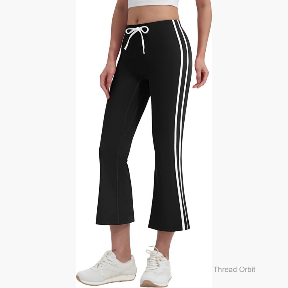 High Waisted Flare Capri Yoga Pants with Side Stripe Drawstring Bootcut